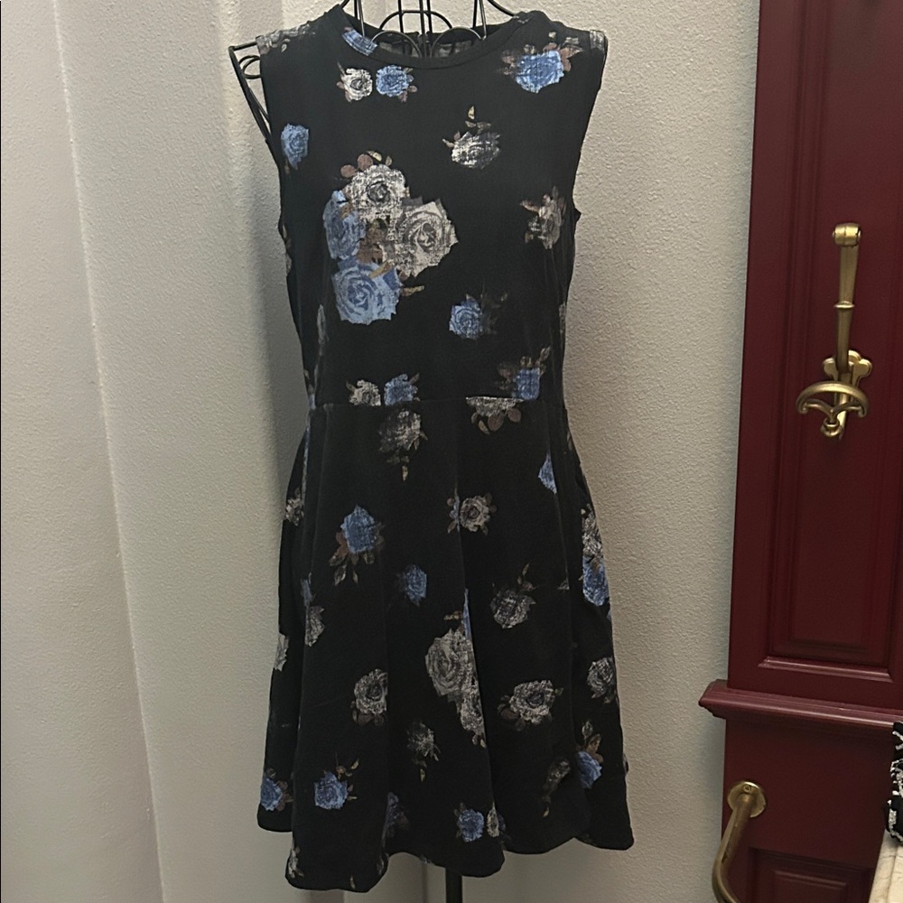 Floral Black and Blue Sleeveless Skater Dress